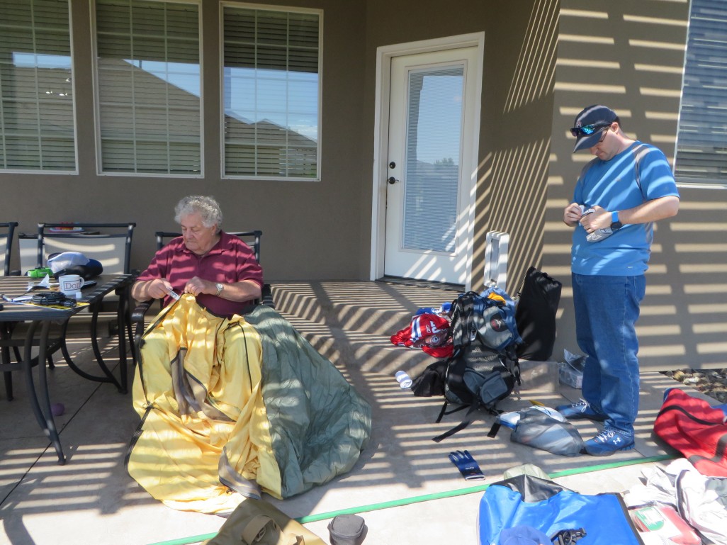 My father and I organizing gear. 
